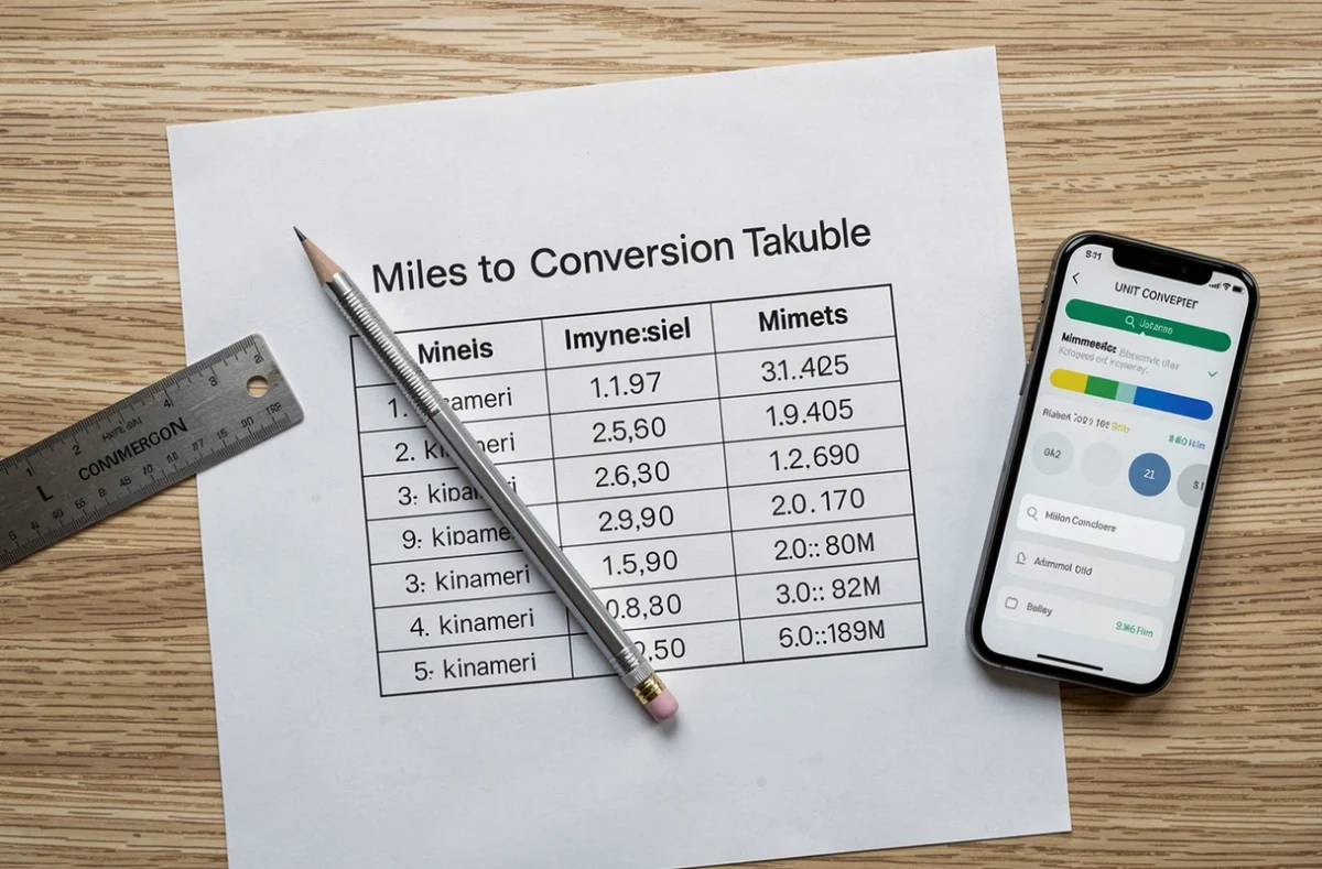 Vue aérienne d'un tableau de conversion miles-kilomètres imprimé avec règle et smartphone sur bureau en bois