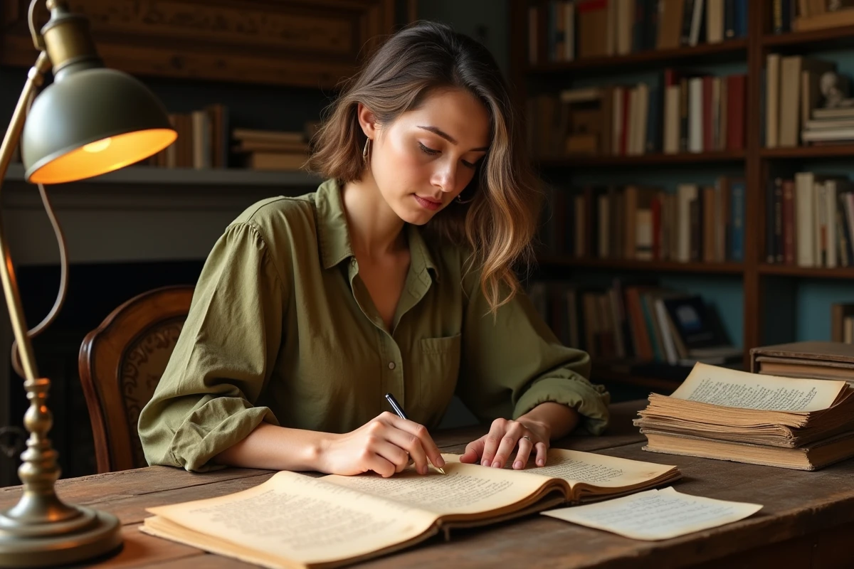 Traductrice étudiant un recueil de poésie italienne avec des notes manuscrites sur un bureau en bois ancien