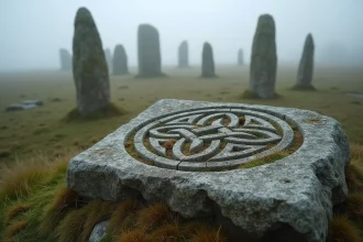 Pierre ancienne gravée d'un triskel celtique sur un tumulus breton entouré de menhirs recouverts de lichen dans la brume matinale