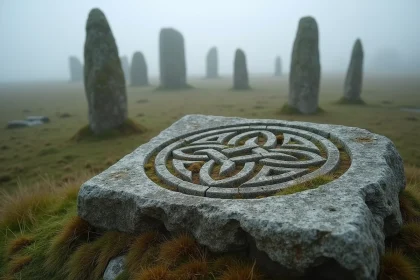 Pierre ancienne gravée d'un triskel celtique sur un tumulus breton entouré de menhirs recouverts de lichen dans la brume matinale