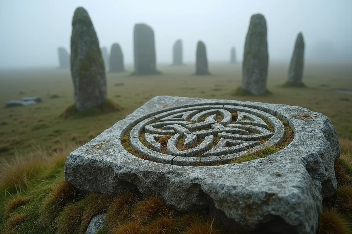 Pierre ancienne gravée d'un triskel celtique sur un tumulus breton entouré de menhirs recouverts de lichen dans la brume matinale