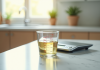 Verre mesureur avec liquide sur plan de cuisine lumineux