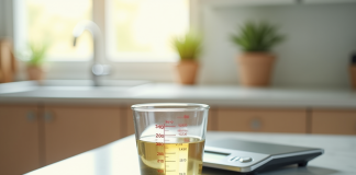 Verre mesureur avec liquide sur plan de cuisine lumineux