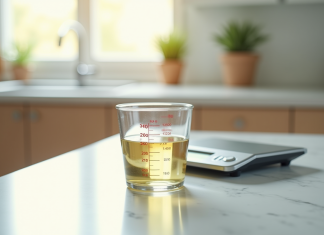 L’importance de la conversion des unités : exemple avec 200 ml en g Verre mesureur avec liquide sur plan de cuisine lumineux