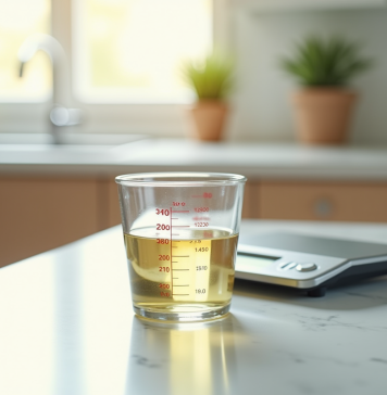Verre mesureur avec liquide sur plan de cuisine lumineux