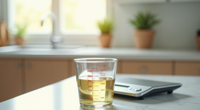 Verre mesureur avec liquide sur plan de cuisine lumineux