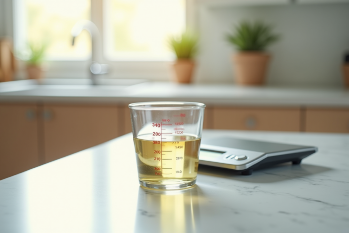 Verre mesureur avec liquide sur plan de cuisine lumineux