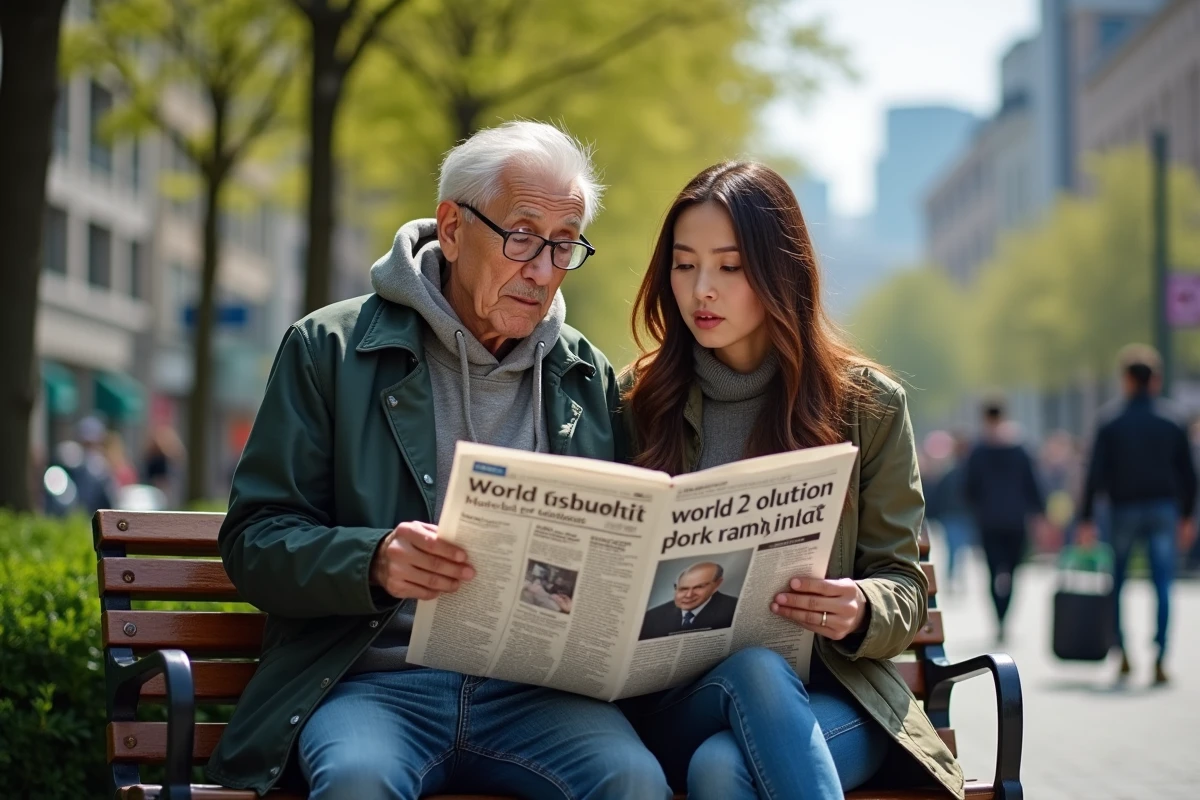 Personnes âgées lisant un journal sur un banc de parc