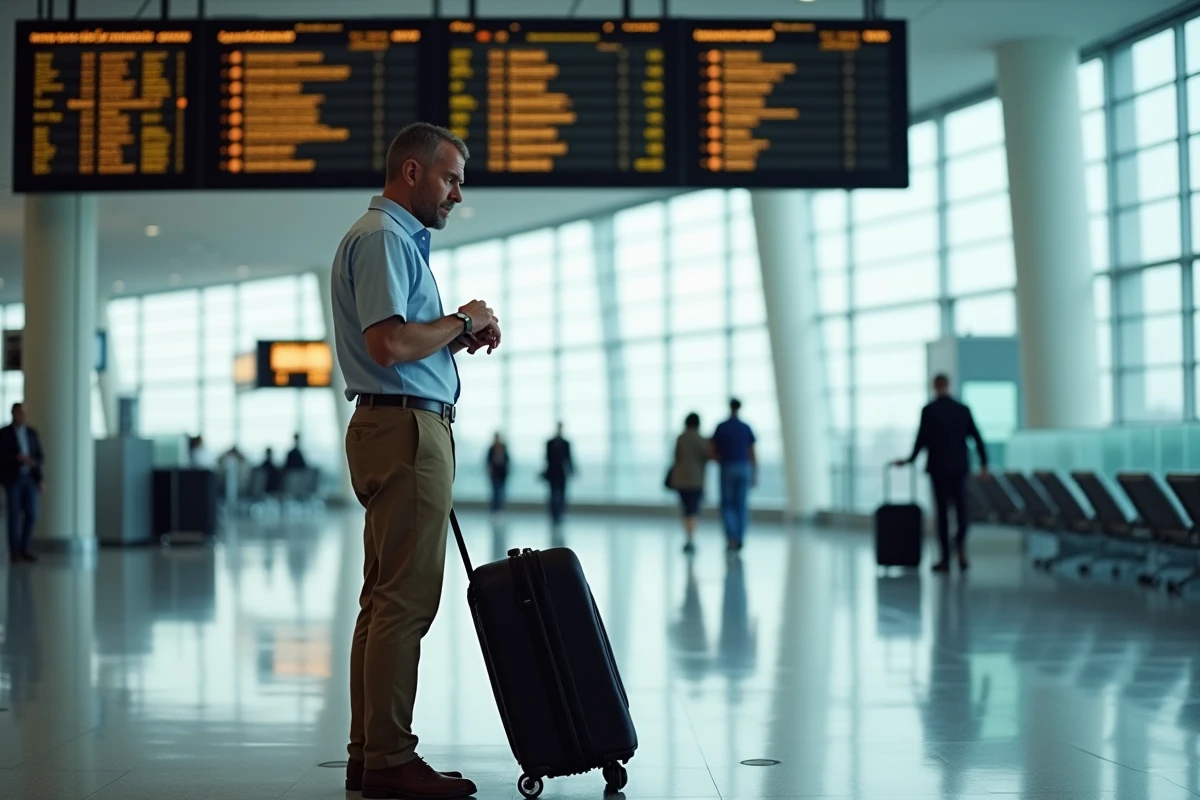 Voyageur en aéroport consultant un tableau de départ pour un vol vers La Réunion en vérifiant l'heure sur sa montre