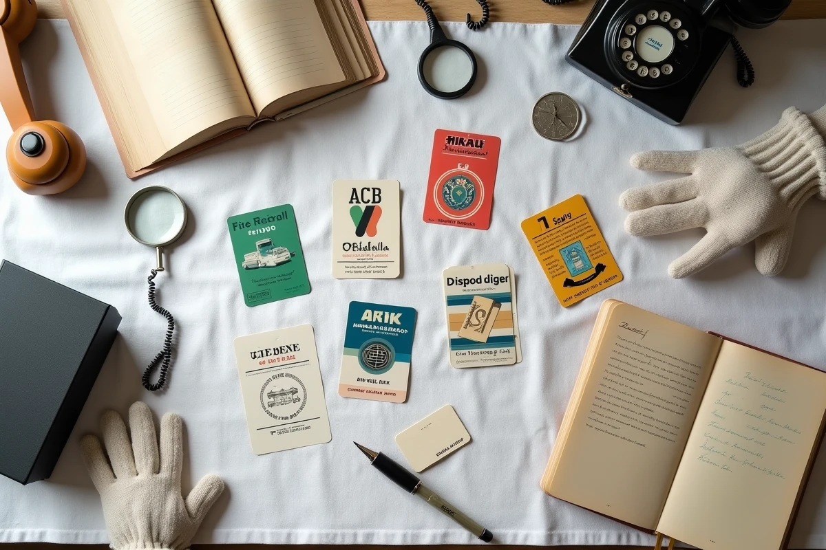 Vue aérienne d'une collection de cartes téléphoniques disposées en grille avec outils de collectionneur