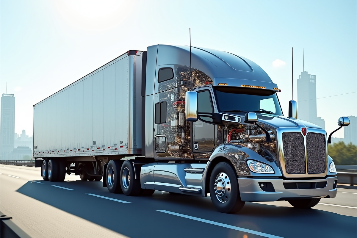 Vue en coupe d un camion semitrailer avec dimensions sur autoroute